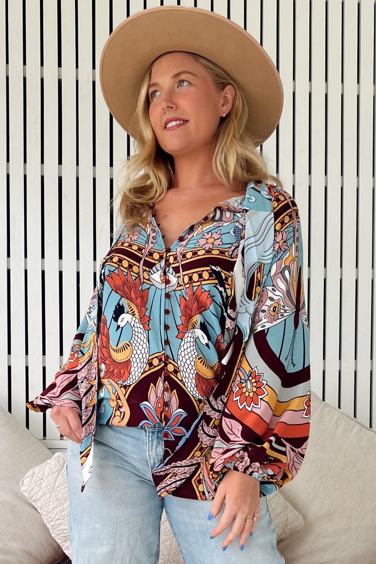 JAASE - Imogen Blouse: Mandarin Collar Button Down Blouse in Wild Hearts Print