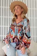 JAASE - Imogen Blouse: Mandarin Collar Button Down Blouse in Wild Hearts Print