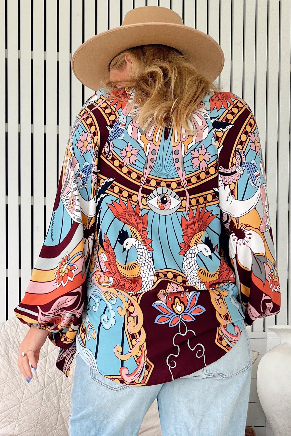 JAASE - Imogen Blouse: Mandarin Collar Button Down Blouse in Wild Hearts Print