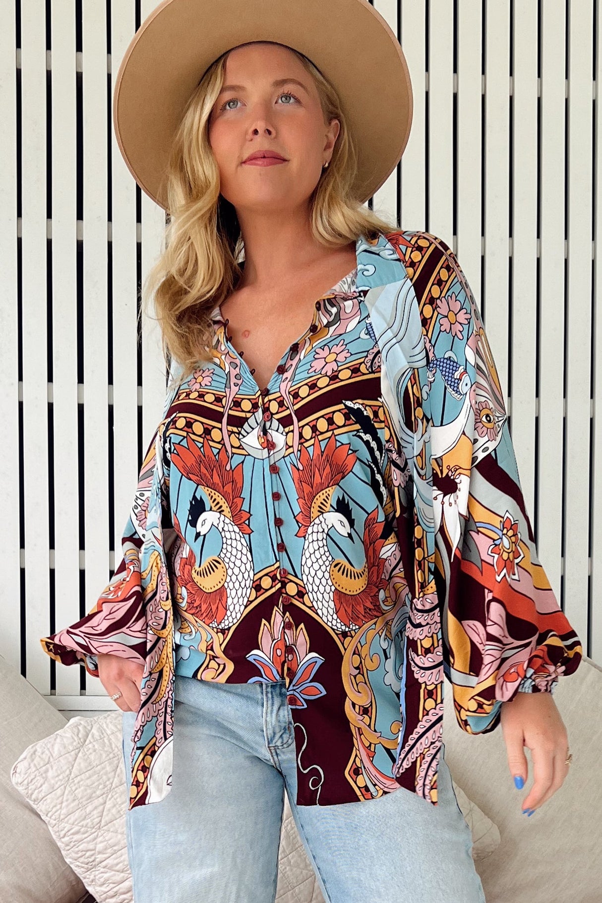 JAASE - Imogen Blouse: Mandarin Collar Button Down Blouse in Wild Hearts Print