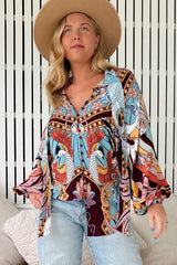 JAASE - Imogen Blouse: Mandarin Collar Button Down Blouse in Wild Hearts Print