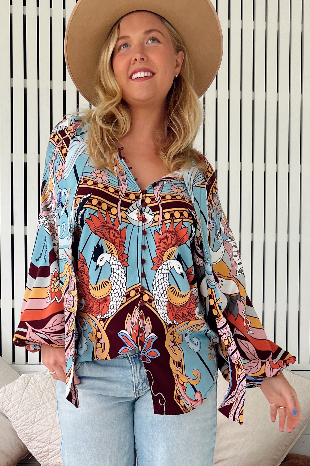 JAASE - Imogen Blouse: Mandarin Collar Button Down Blouse in Wild Hearts Print