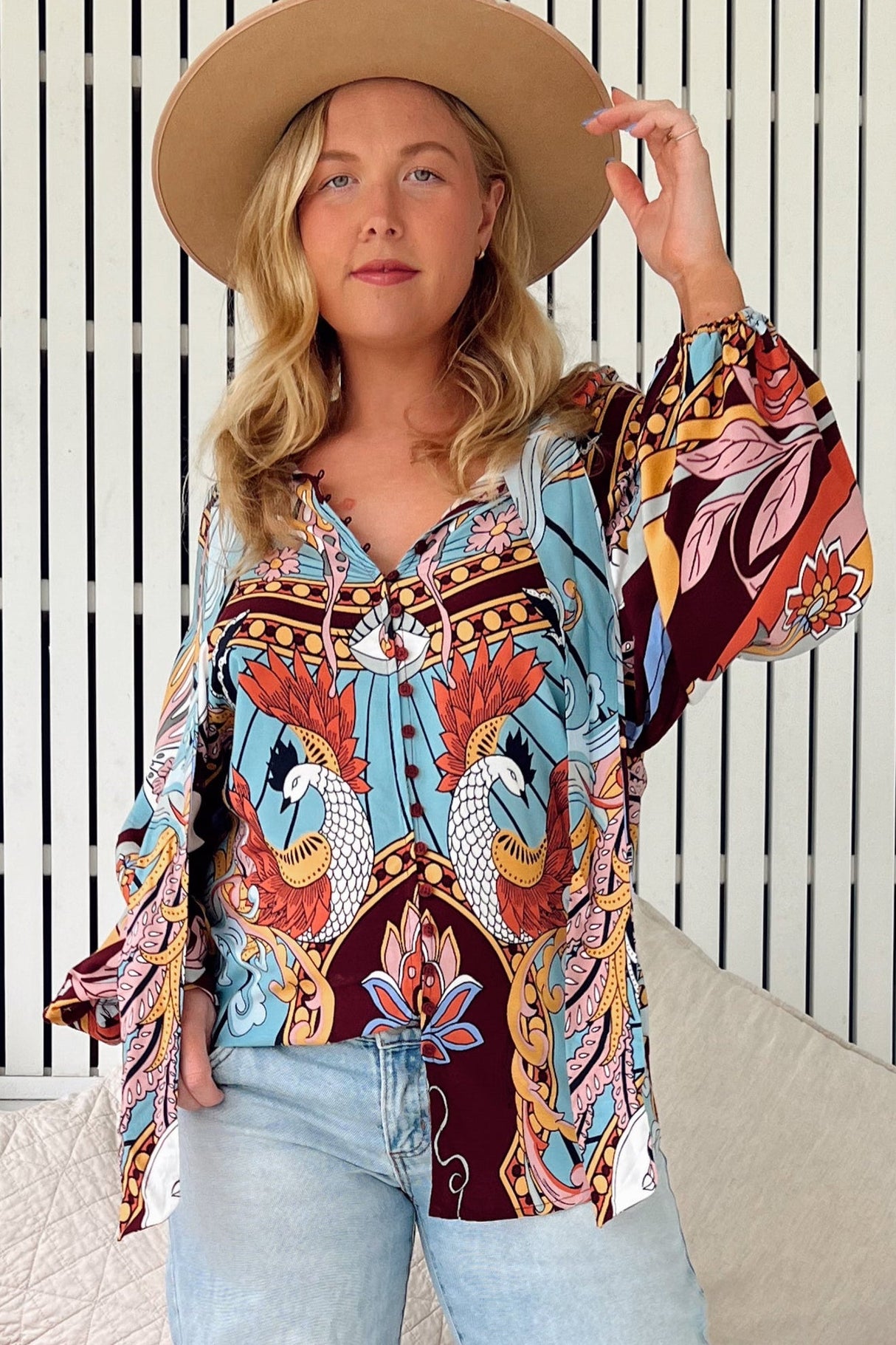 JAASE - Imogen Blouse: Mandarin Collar Button Down Blouse in Wild Hearts Print