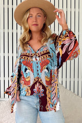JAASE - Imogen Blouse: Mandarin Collar Button Down Blouse in Wild Hearts Print