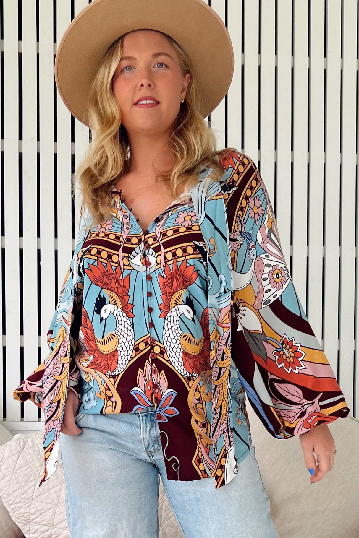 JAASE - Imogen Blouse: Mandarin Collar Button Down Blouse in Wild Hearts Print