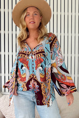 JAASE - Imogen Blouse: Mandarin Collar Button Down Blouse in Wild Hearts Print