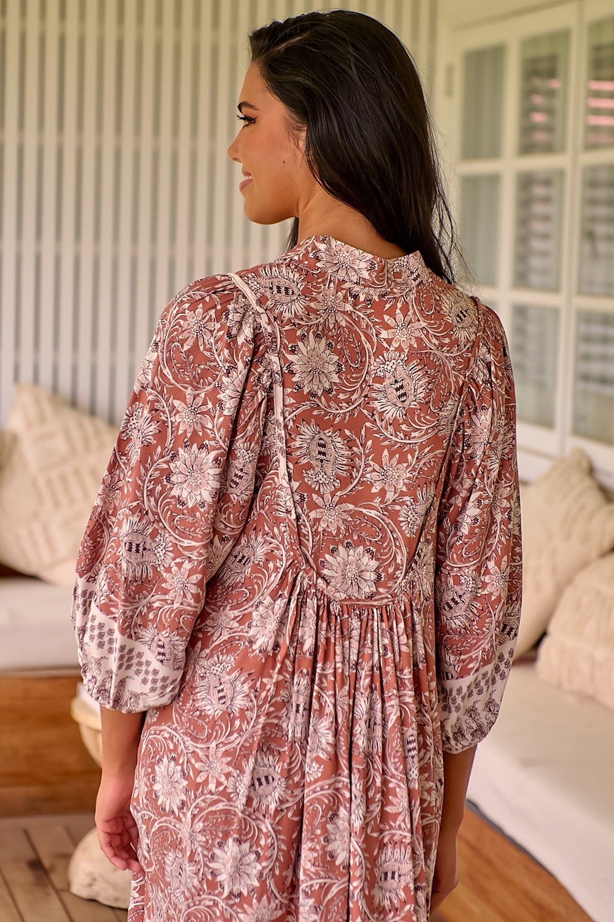 JAASE - Boheme Midi Dress: Piping Defined Bust Slimline Smock Dress In Indah Print