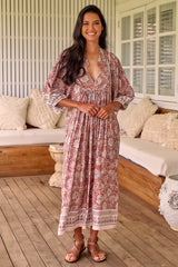 JAASE - Boheme Midi Dress: Piping Defined Bust Slimline Smock Dress In Indah Print