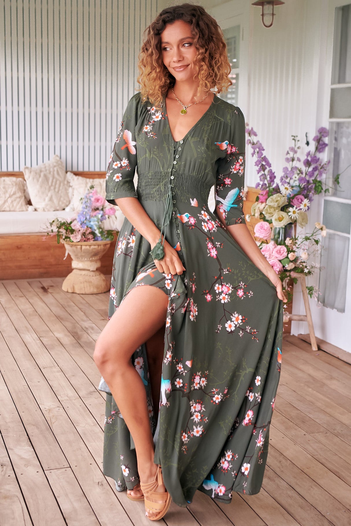 JAASE - Indiana Maxi Dress: Lace Back Shirred Waist A Line Dress with Handkerchief Hemline in Birds Paradise Print