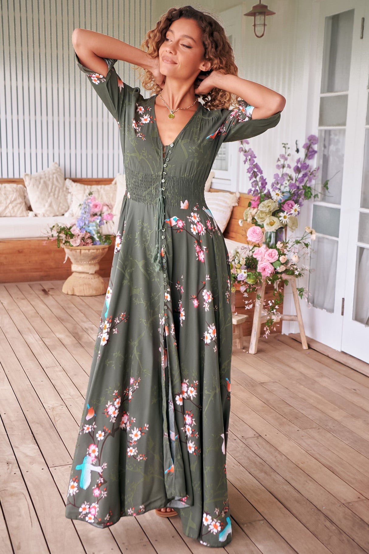 JAASE - Indiana Maxi Dress: Lace Back Shirred Waist A Line Dress with Handkercheif Hemline in Birds Paradise Print