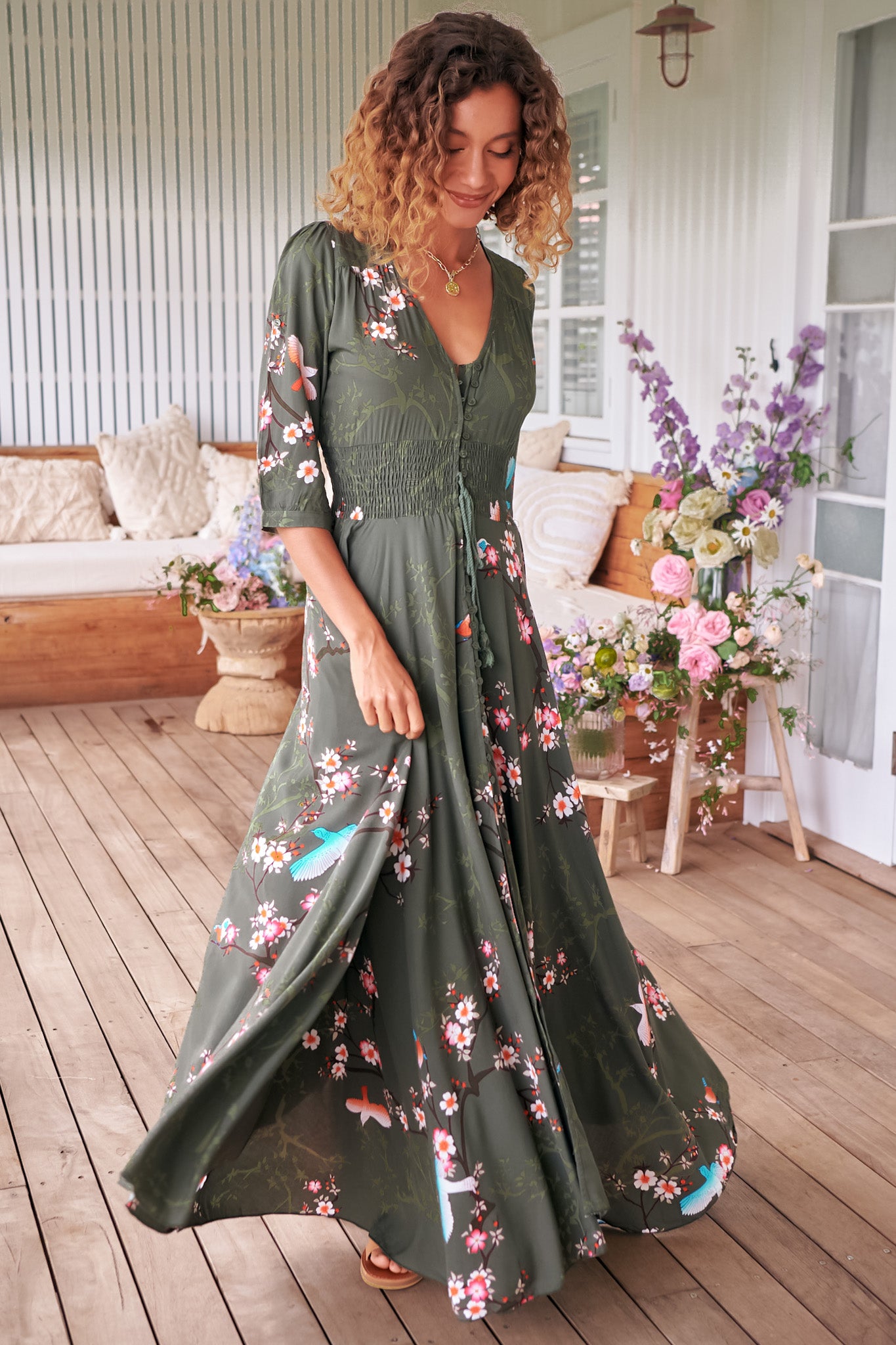 JAASE - Indiana Maxi Dress: Lace Back Shirred Waist A Line Dress with Handkercheif Hemline in Birds Paradise Print