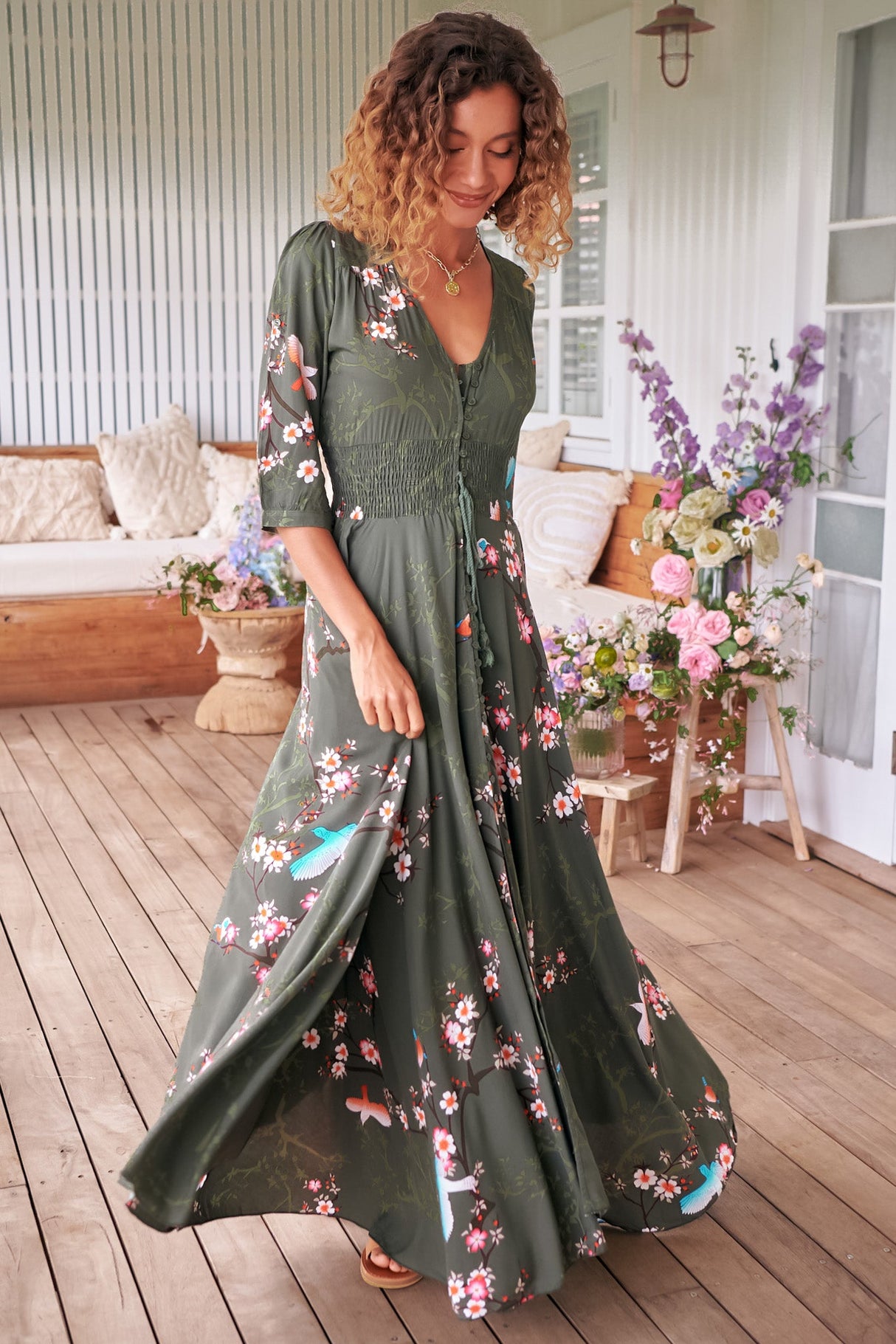 Indiana Maxi Dress - Lace Back Shirred Waist A Line Dress with Handkerchief Hemline in Birds Paradise Print