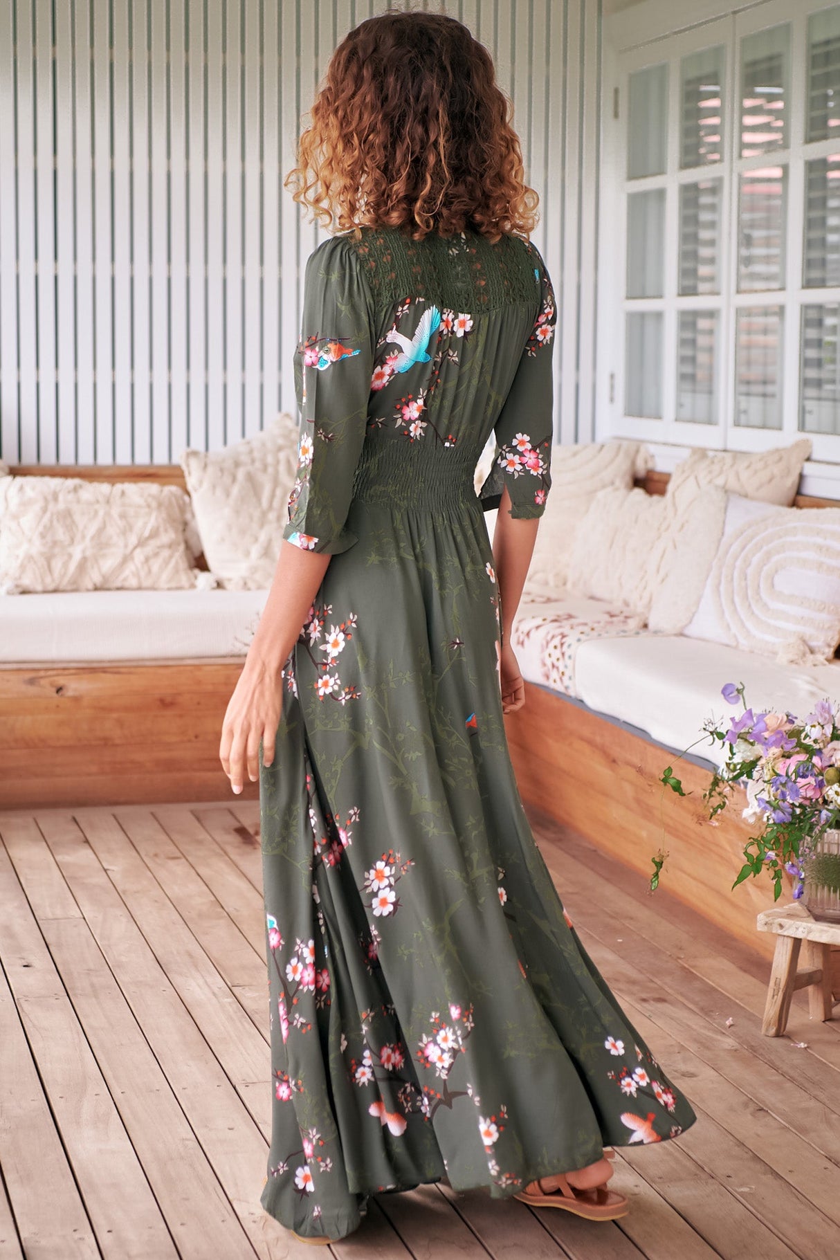 Indiana Maxi Dress - Lace Back Shirred Waist A Line Dress with Handkerchief Hemline in Birds Paradise Print