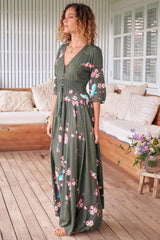 JAASE - Indiana Maxi Dress: Lace Back Shirred Waist A Line Dress with Handkercheif Hemline in Birds Paradise Print