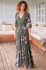 JAASE - Indiana Maxi Dress: Lace Back Shirred Waist A Line Dress with Handkercheif Hemline in Birds Paradise Print