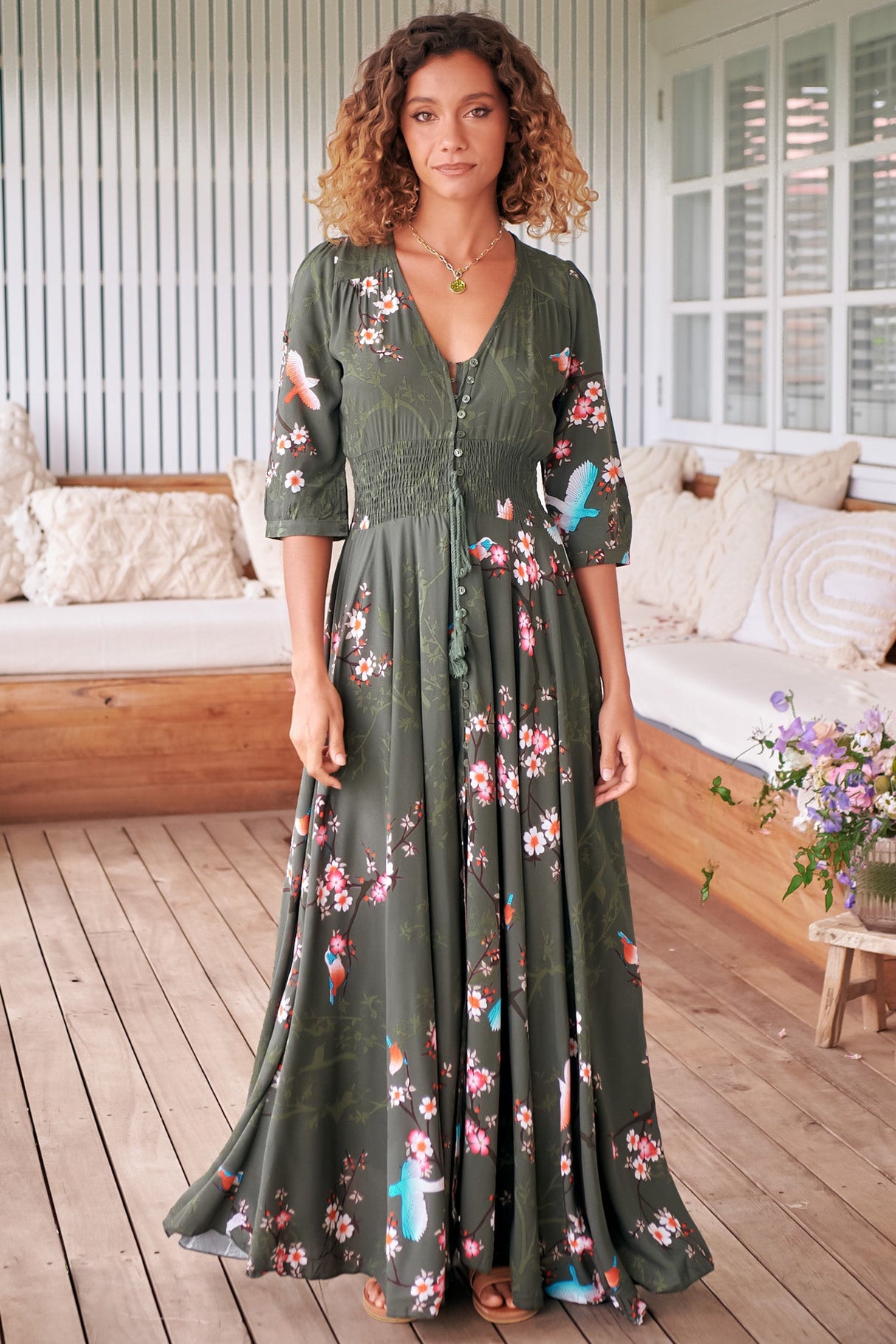 JAASE - Indiana Maxi Dress: Lace Back Shirred Waist A Line Dress with Handkerchief Hemline in Birds Paradise Print