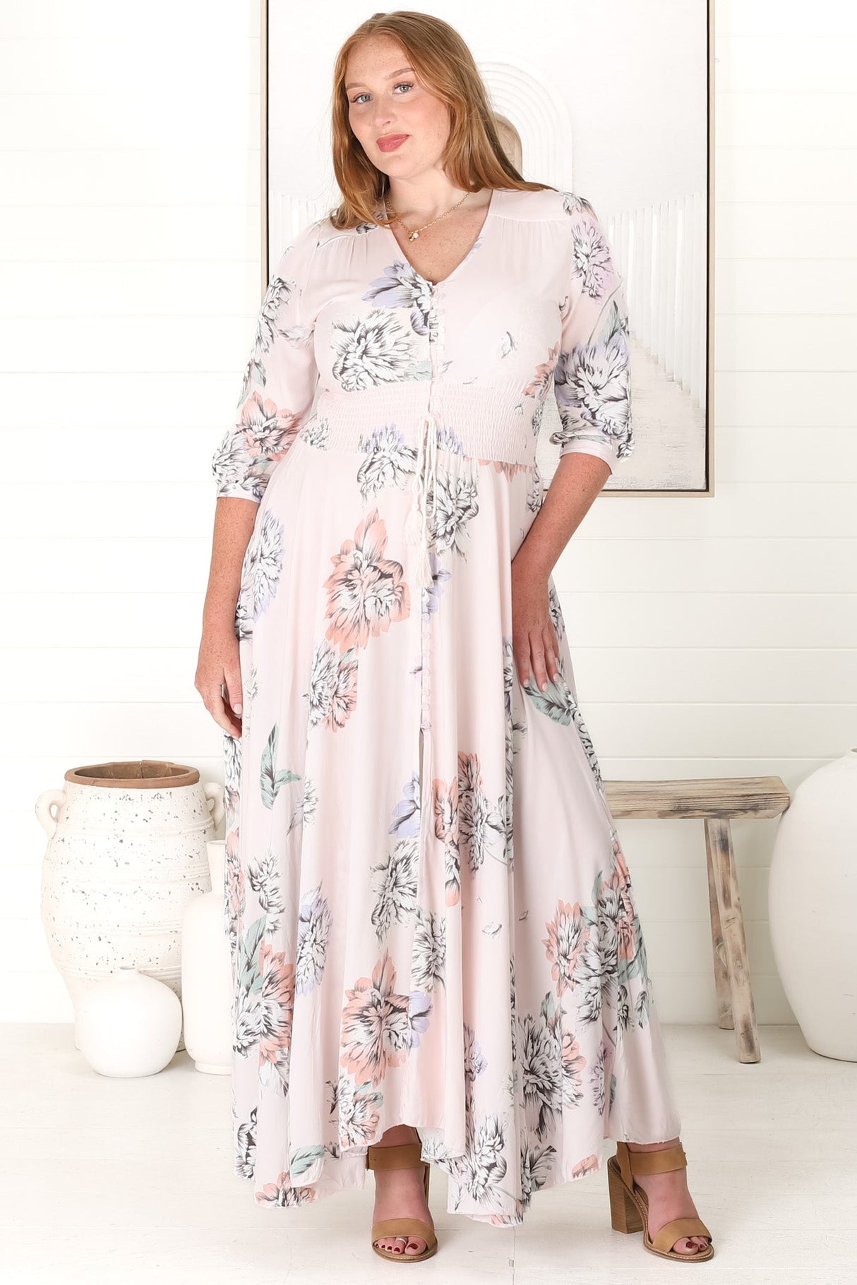 Indiana Maxi Dress - Lace Back Shirred Waist A Line Dress with Handkerchief Hemline in Blooming Bouquet Print