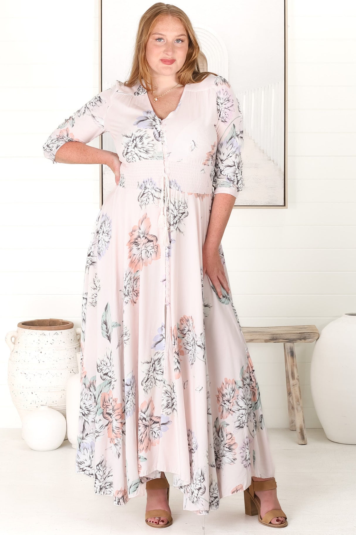 Indiana Maxi Dress - Lace Back Shirred Waist A Line Dress with Handkerchief Hemline in Blooming Bouquet Print