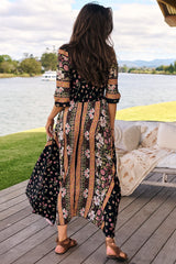 JAASE - Indiana Maxi Dress: Lace Back Shirred Waist A Line Dress with Handkercheif Hemline in Eternity Print