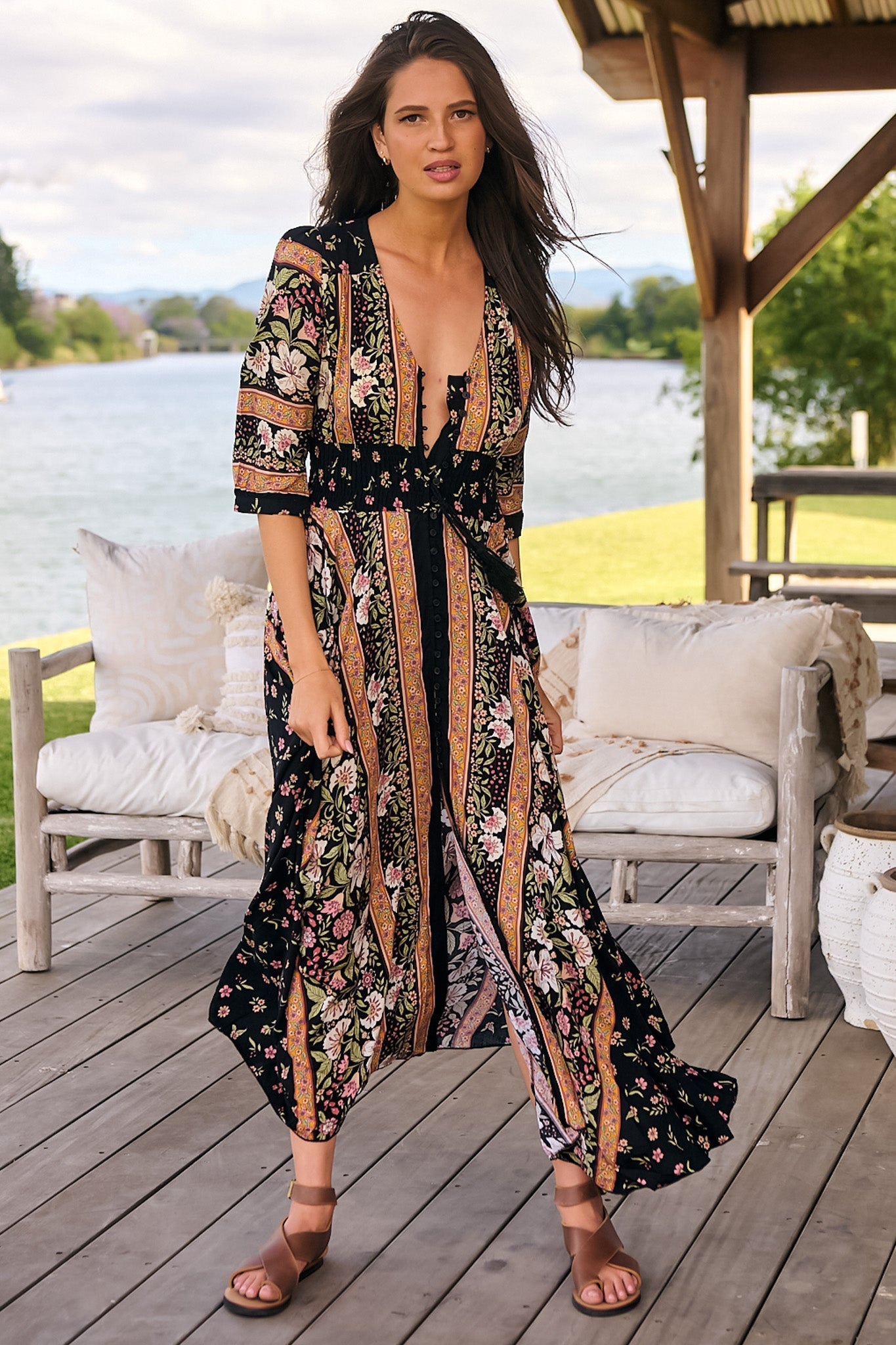 JAASE - Indiana Maxi Dress: Lace Back Shirred Waist A Line Dress with Handkercheif Hemline in Eternity Print