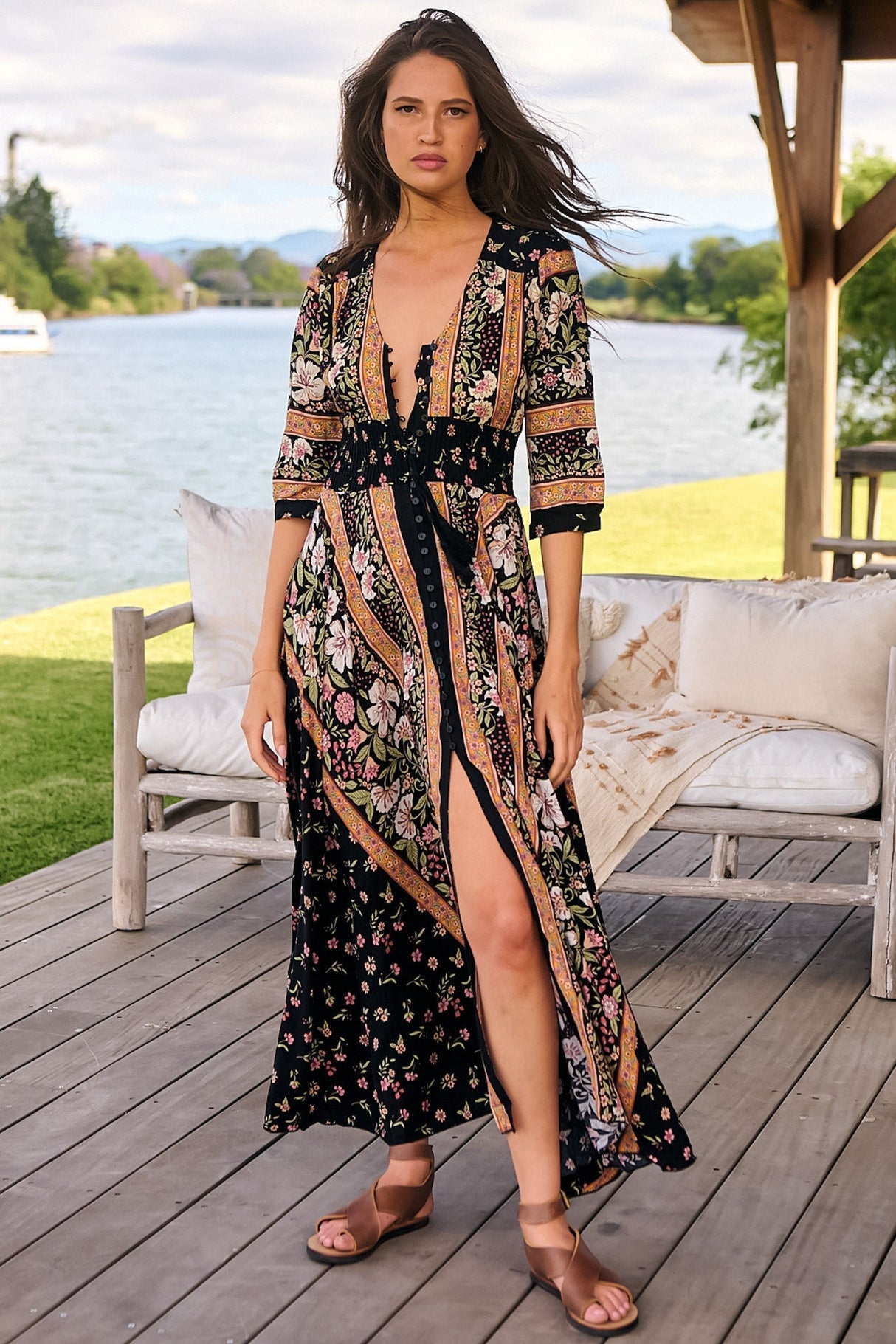 JAASE - Indiana Maxi Dress: Lace Back Shirred Waist A Line Dress with Handkercheif Hemline in Eternity Print