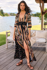 JAASE - Indiana Maxi Dress: Lace Back Shirred Waist A Line Dress with Handkerchief Hemline in Eternity Print