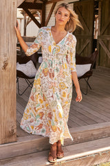 Indiana Maxi Dress - Lace Back Shirred Waist A Line Dress with Handkerchief Hemline in Fantasy Print