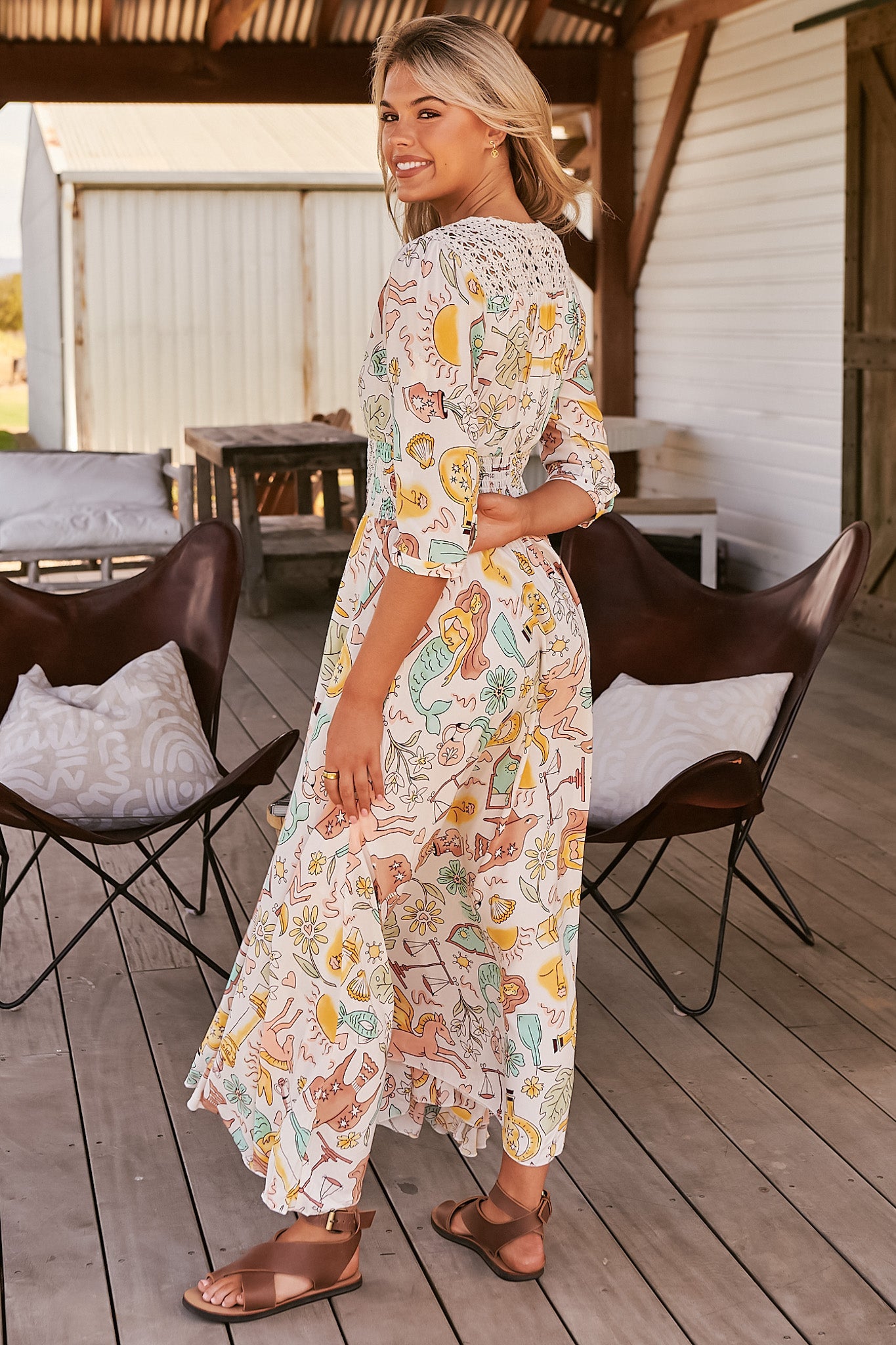 JAASE - Indiana Maxi Dress: Lace Back Shirred Waist A Line Dress with Handkercheif Hemline in Fantasy Print