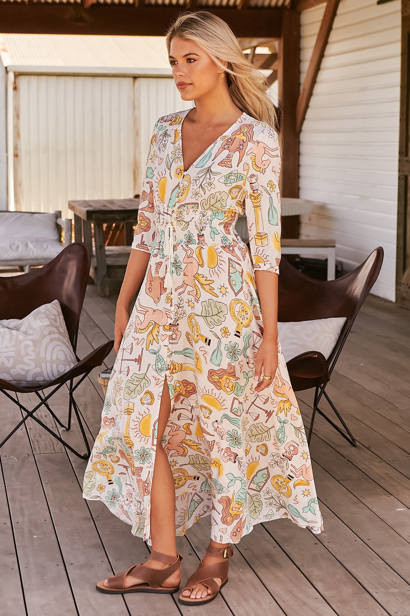 JAASE - Indiana Maxi Dress: Lace Back Shirred Waist A Line Dress with Handkercheif Hemline in Fantasy Print