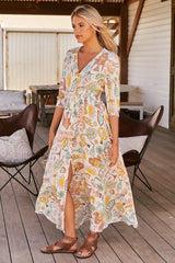 JAASE - Indiana Maxi Dress: Lace Back Shirred Waist A Line Dress with Handkerchief Hemline in Fantasy Print