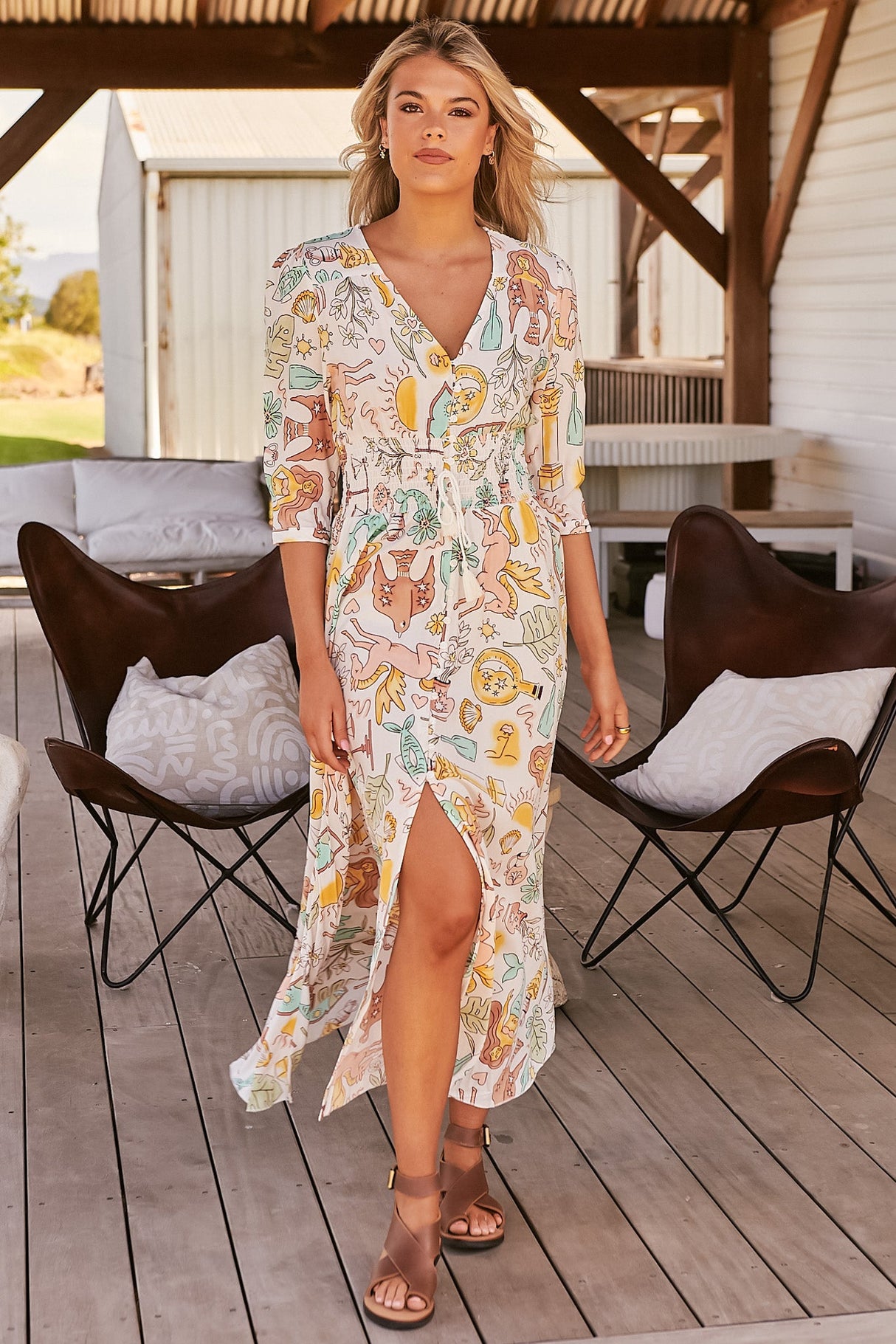 JAASE - Indiana Maxi Dress: Lace Back Shirred Waist A Line Dress with Handkercheif Hemline in Fantasy Print