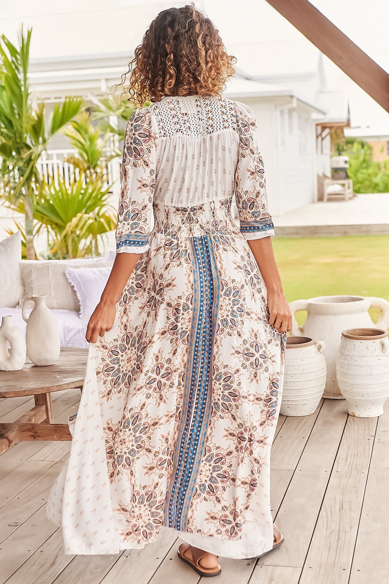 JAASE - Indiana Maxi Dress: Lace Back Shirred Waist A Line Dress with Handkercheif Hemline in Gemstone Print