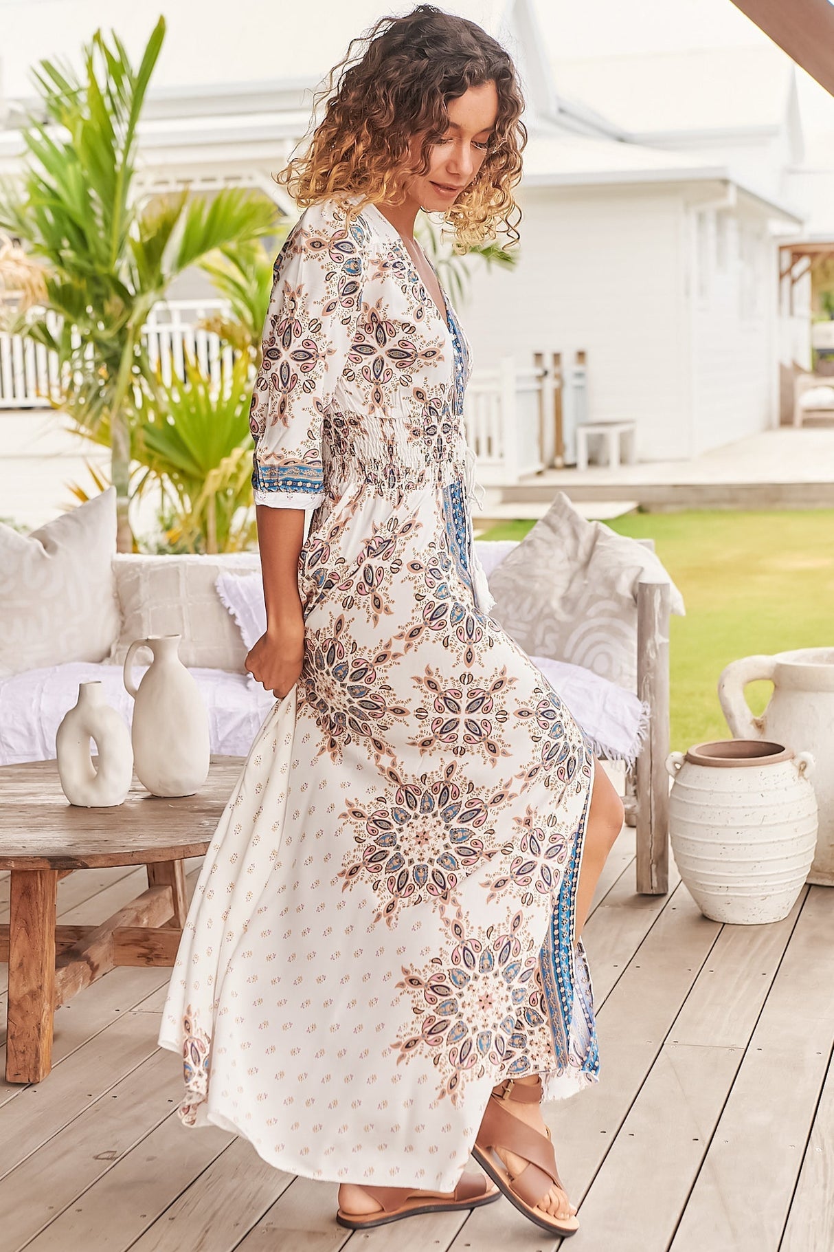 JAASE - Indiana Maxi Dress: Lace Back Shirred Waist A Line Dress with Handkerchief Hemline in Gemstone Print