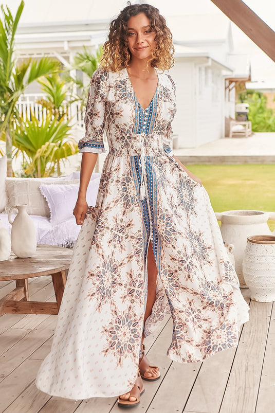 JAASE - Indiana Maxi Dress: Lace Back Shirred Waist A Line Dress with Handkercheif Hemline in Gemstone Print