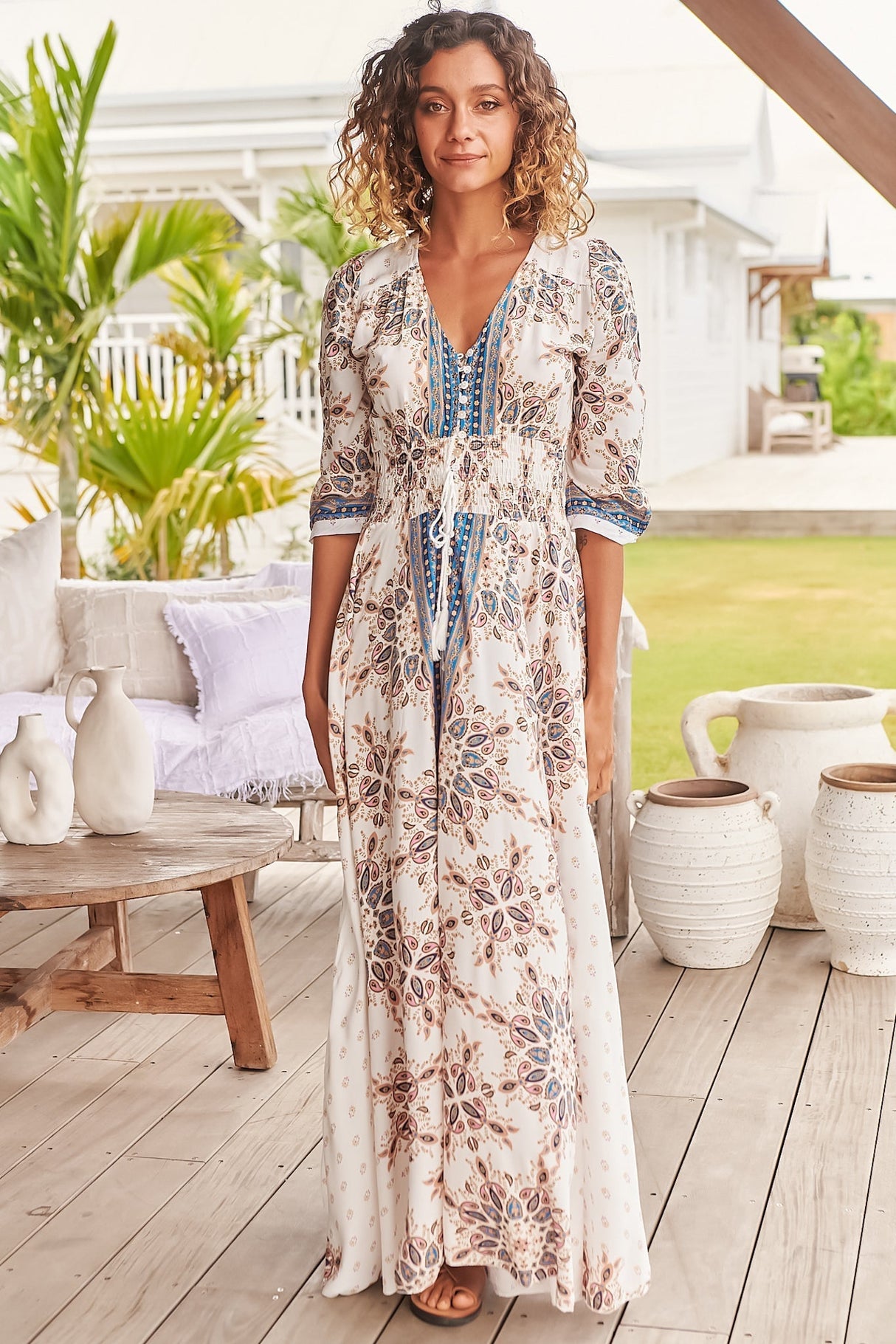 JAASE - Indiana Maxi Dress: Lace Back Shirred Waist A Line Dress with Handkercheif Hemline in Gemstone Print