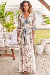 JAASE - Indiana Maxi Dress: Lace Back Shirred Waist A Line Dress with Handkerchief Hemline in Gemstone Print