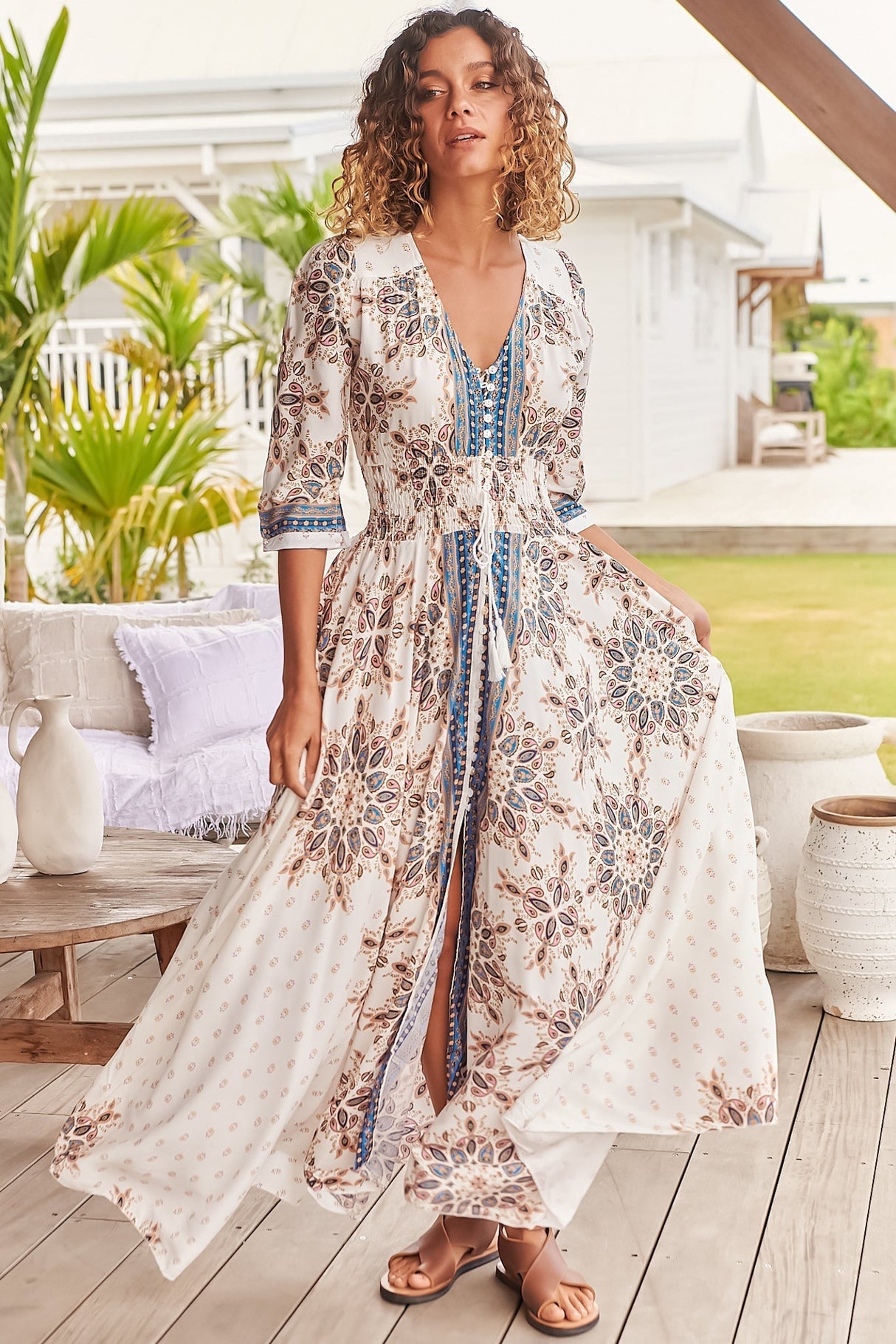 JAASE - Indiana Maxi Dress: Lace Back Shirred Waist A Line Dress with Handkercheif Hemline in Gemstone Print