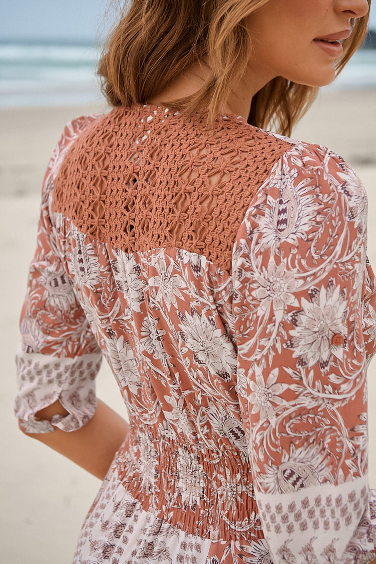 JAASE - Indiana Maxi Dress: Lace Back Shirred Waist A Line Dress with Handkerchief Hemline in Indah Print