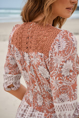 JAASE - Indiana Maxi Dress: Lace Back Shirred Waist A Line Dress with Handkerchief Hemline in Indah Print