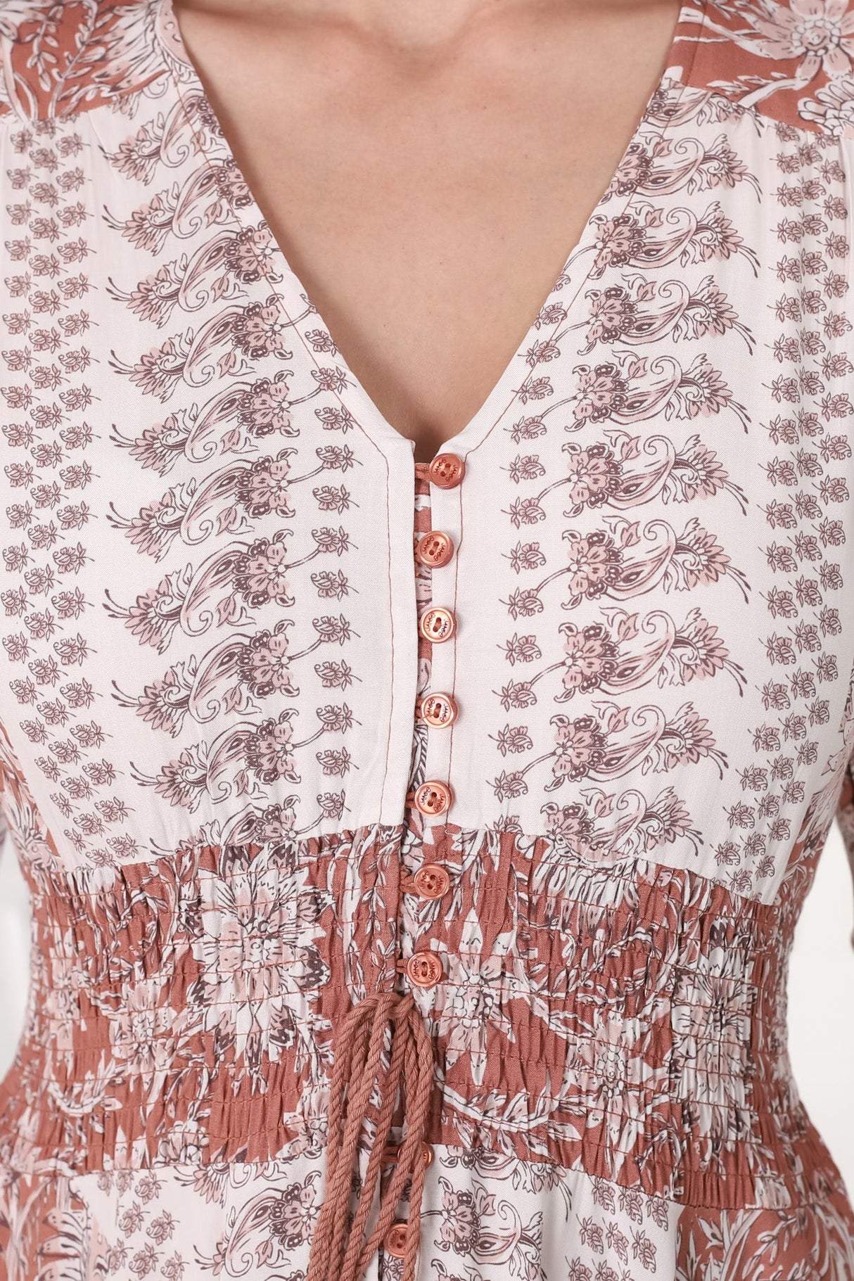 JAASE - Indiana Maxi Dress: Lace Back Shirred Waist A Line Dress with Handkerchief Hemline in Indah Print