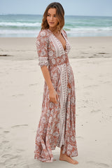 JAASE - Indiana Maxi Dress: Lace Back Shirred Waist A Line Dress with Handkerchief Hemline in Indah Print