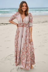 JAASE - Indiana Maxi Dress: Lace Back Shirred Waist A Line Dress with Handkerchief Hemline in Indah Print