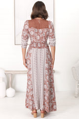 JAASE - Indiana Maxi Dress: Lace Back Shirred Waist A Line Dress with Handkerchief Hemline in Indah Print