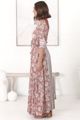 JAASE - Indiana Maxi Dress: Lace Back Shirred Waist A Line Dress with Handkerchief Hemline in Indah Print