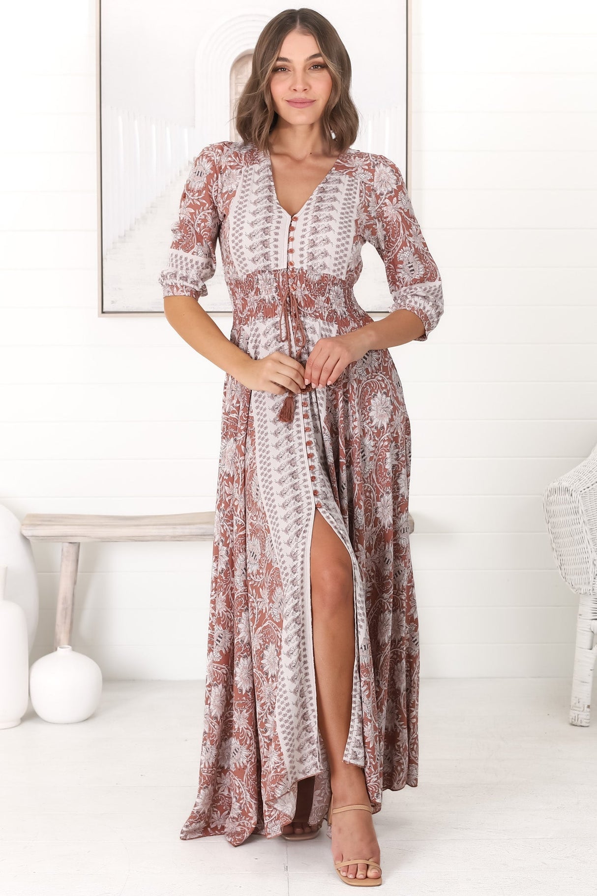 JAASE - Indiana Maxi Dress: Lace Back Shirred Waist A Line Dress with Handkerchief Hemline in Indah Print