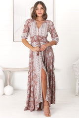 JAASE - Indiana Maxi Dress: Lace Back Shirred Waist A Line Dress with Handkerchief Hemline in Indah Print