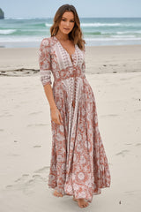 JAASE - Indiana Maxi Dress: Lace Back Shirred Waist A Line Dress with Handkerchief Hemline in Indah Print