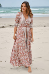JAASE - Indiana Maxi Dress: Lace Back Shirred Waist A Line Dress with Handkerchief Hemline in Indah Print