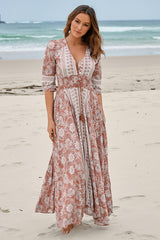 JAASE - Indiana Maxi Dress: Lace Back Shirred Waist A Line Dress with Handkerchief Hemline in Indah Print