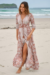 JAASE - Indiana Maxi Dress: Lace Back Shirred Waist A Line Dress with Handkerchief Hemline in Indah Print